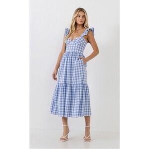 English Factory | Dresses | English Factory L Midi Dress Plaid Aline  Gingham Blue Ruffle Tiered Sweetheart | Poshmark